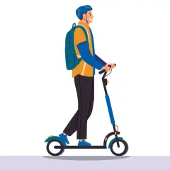 Un homme souriant avec un sac à dos roule sur une trottinette électrique au style rétro.
