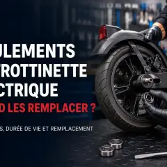 Main d'un mécanicien en gant noir tenant un roulement pour changer les roulements de trottinette électrique.