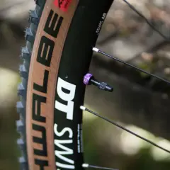 Gros plan sur une roue de vélo DT Swiss avec un pneu marron. La valve est violette, un détail qui fait toute la différence entre presta ou schrader.