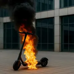 Une trottinette électrique en feu dégage une épaisse fumée noire devant un immeuble moderne.