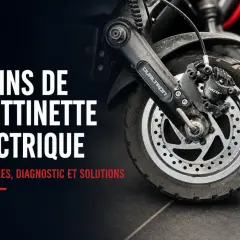 Gros plan sur le frein à disque d'une trottinette électrique. Le texte indique "Freins de trottinette électrique : symptômes, diagnostic et solutions", abordant le capteur de frein.