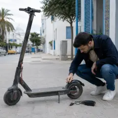 Un homme vérifie son trottinette électrique Xiaomi M365, prêt pour une nouvelle aventure urbaine.