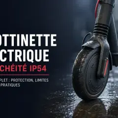 Gros plan sur la roue avant d'une trottinette électrique, mouillée par la pluie. Le texte indique "Trottinette Électrique Étancheité IP54".