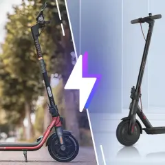Comparaison entre un trottinette Ninebot rouge et un modèle Xiaomi noir, deux options de mobilité urbaine.