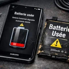 Un smartphone Xiaomi affiche un message "Batterie usée" avec une icône de batterie faible. À côté, une batterie usagée et abîmée confirme le mauvais état de la batterie.