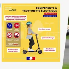 Infographie sur la sécurité des engins de déplacement personnel motorisé : trottinette électrique, âge minimum, équipements obligatoires et recommandés.