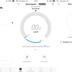 L'application Segway-Ninebot affiche l'autonomie restante et l'intensité de la récupération d'énergie.