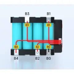 Schéma du branchement BMS 4S : quatre batteries bleues connectées par des fils rouges à un module noir.