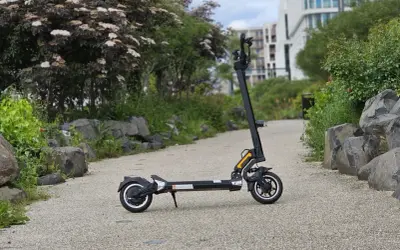Trottinette électrique Dualtron Togo noire, sur un chemin pavé, avec des rochers et de la végétation.