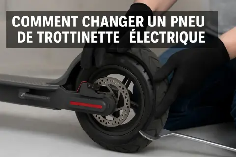 Maintenant, démonte le pneu de ta trottinette électrique. Des mains gantées utilisent un levier pour retirer le pneu usé.