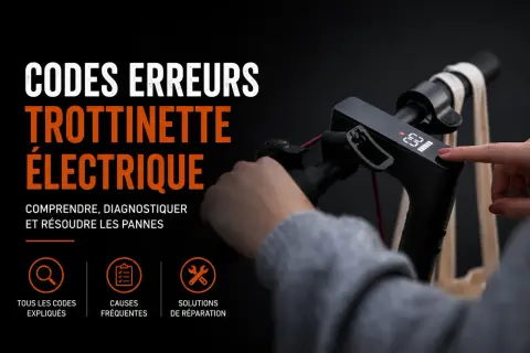 Le tableau de bord d'une trottinette électrique affiche des codes d'erreur. Une main appuie sur un bouton pour diagnostiquer les pannes.