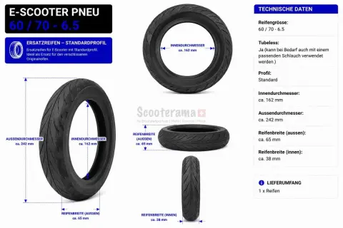 Pneu pour e-scooter, taille 60/70-6.5. Ce pneu tubeless standard de 242 mm de diamètre extérieur est un remplacement idéal.