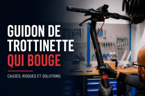 Un homme en gants noirs ajuste le guidon de trottinette électrique qui bouge. L'atelier est visible en arrière-plan.