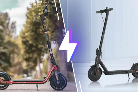 Comparaison entre un trottinette Ninebot rouge et un modèle Xiaomi noir, deux options de mobilité urbaine.