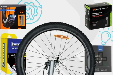 Roues de vélo avec plusieurs chambres à air increvables de marques Decathlon, Hutchinson, Michelin et Schwalbe.