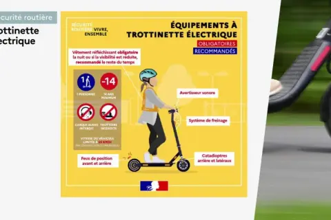 Infographie sur la sécurité des engins de déplacement personnel motorisé : trottinette électrique, âge minimum, équipements obligatoires et recommandés.
