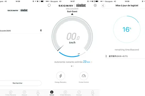 L'application Segway-Ninebot affiche l'autonomie restante et l'intensité de la récupération d'énergie.