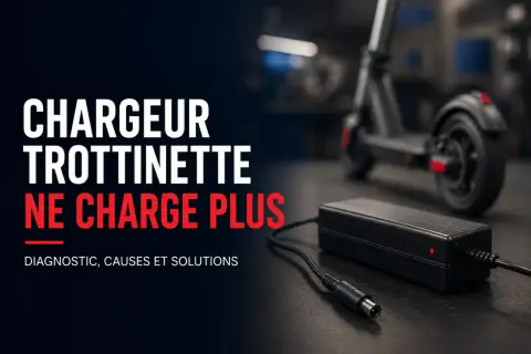 Chargeur de trottinette avec voyant rouge allumé, indiquant qu'il ne charge plus. Diagnostic, causes et solutions.