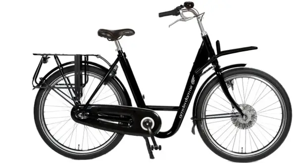Vélo électrique noir de style hollandais avec porte-bagages avant et arrière.