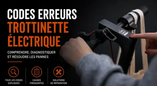 Le tableau de bord d'une trottinette électrique affiche des codes d'erreur. Une main appuie sur un bouton pour diagnostiquer les pannes.