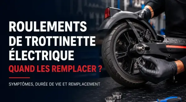 Main d'un mécanicien en gant noir tenant un roulement pour changer les roulements de trottinette électrique.