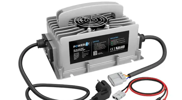 Chargeur 60V robuste, IP67, avec poignée et ventilateur. Prêt à alimenter vos batteries LiFePO4.