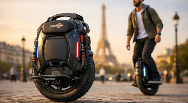 Un homme roule sur une roue électrique King Song devant la Tour Eiffel. L'engin futuriste est prêt pour l'aventure.
