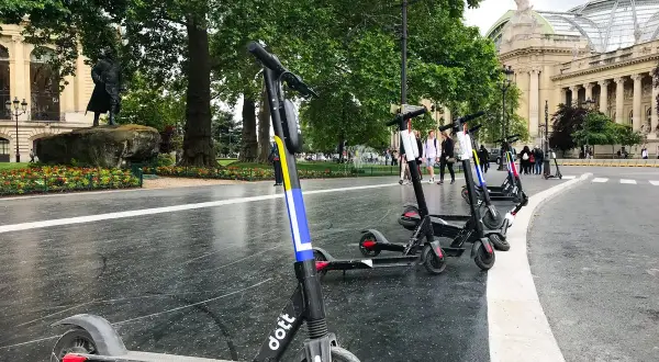 Trottinettes électriques alignées, prêtes à l'emploi. La réglementation sur les trottinettes électriques plus de 25 km/h est un sujet important pour la sécurité.