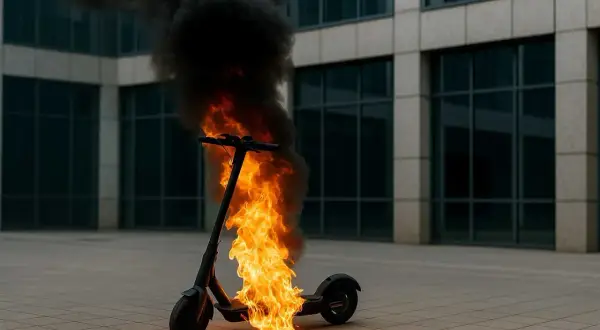 Une trottinette électrique en feu dégage une épaisse fumée noire devant un immeuble moderne.