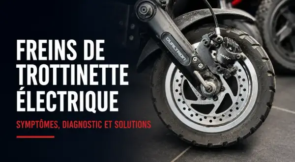 Gros plan sur le frein à disque d'une trottinette électrique. Le texte indique "Freins de trottinette électrique : symptômes, diagnostic et solutions", abordant le capteur de frein.