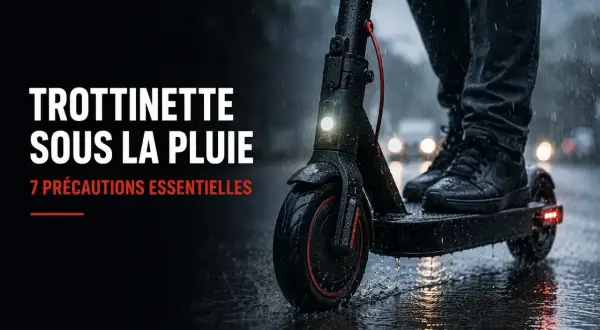 Une trottinette électrique roule sous la pluie. Le texte indique "Trottinette sous la pluie : 7 précautions essentielles", soulignant l'importance de la protection pluie trottinette.
