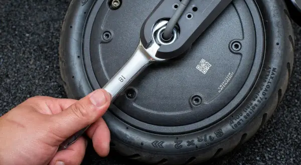 Main tenant utilise une clé pour changer la roue avant d'une trottinette électrique.