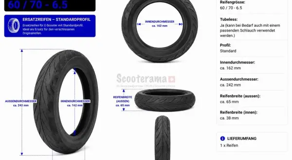 Pneu pour e-scooter, taille 60/70-6.5. Ce pneu tubeless standard de 242 mm de diamètre extérieur est un remplacement idéal.