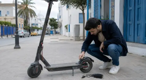 Un homme vérifie son trottinette électrique Xiaomi M365, prêt pour une nouvelle aventure urbaine.
