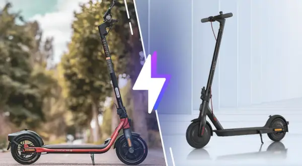 Comparaison entre un trottinette Ninebot rouge et un modèle Xiaomi noir, deux options de mobilité urbaine.