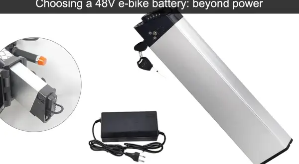 Batterie trottinette électrique 48v argentée, avec chargeur et clé. Un zoom montre son installation.