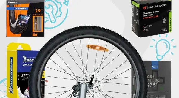 Roues de vélo avec plusieurs chambres à air increvables de marques Decathlon, Hutchinson, Michelin et Schwalbe.