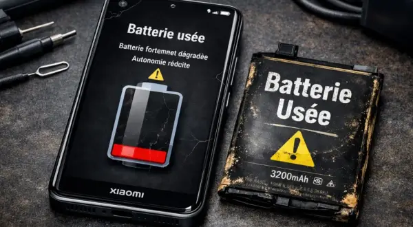 Un smartphone Xiaomi affiche un message "Batterie usée" avec une icône de batterie faible. À côté, une batterie usagée et abîmée confirme le mauvais état de la batterie.