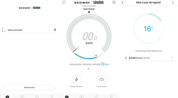 L'application Segway-Ninebot affiche l'autonomie restante et l'intensité de la récupération d'énergie.