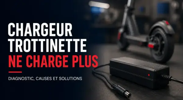 Chargeur de trottinette avec voyant rouge allumé, indiquant qu'il ne charge plus. Diagnostic, causes et solutions.