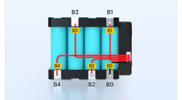 Schéma du branchement BMS 4S : quatre batteries bleues connectées par des fils rouges à un module noir.