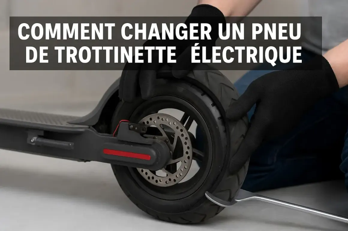 Maintenant, démonte le pneu de ta trottinette électrique. Des mains gantées utilisent un levier pour retirer le pneu usé.
