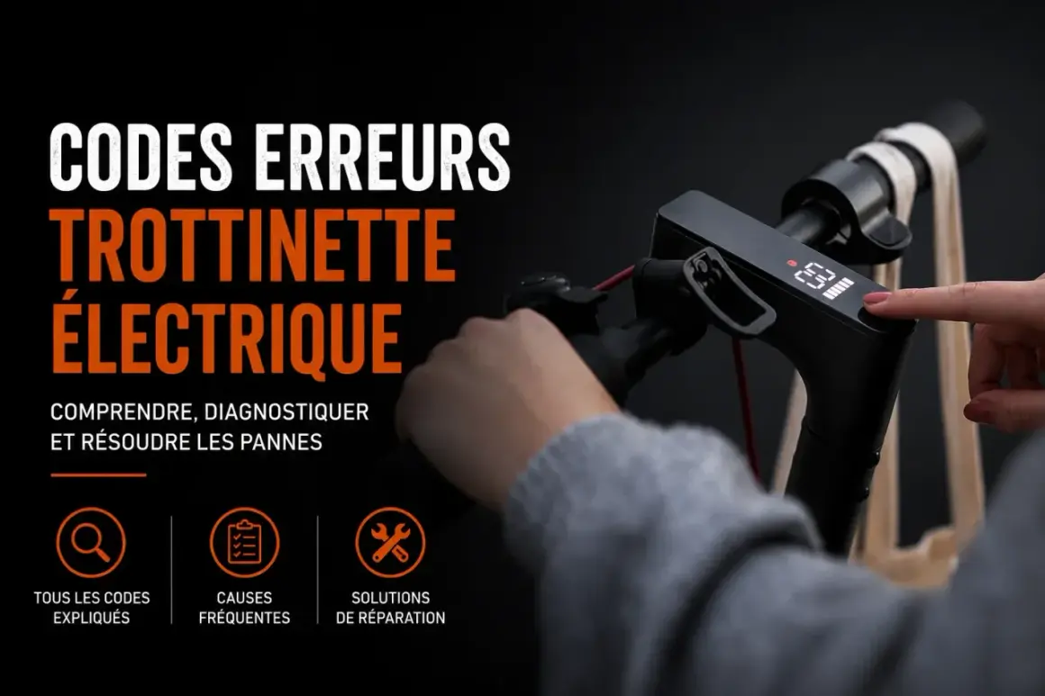 Le tableau de bord d'une trottinette électrique affiche des codes d'erreur. Une main appuie sur un bouton pour diagnostiquer les pannes.