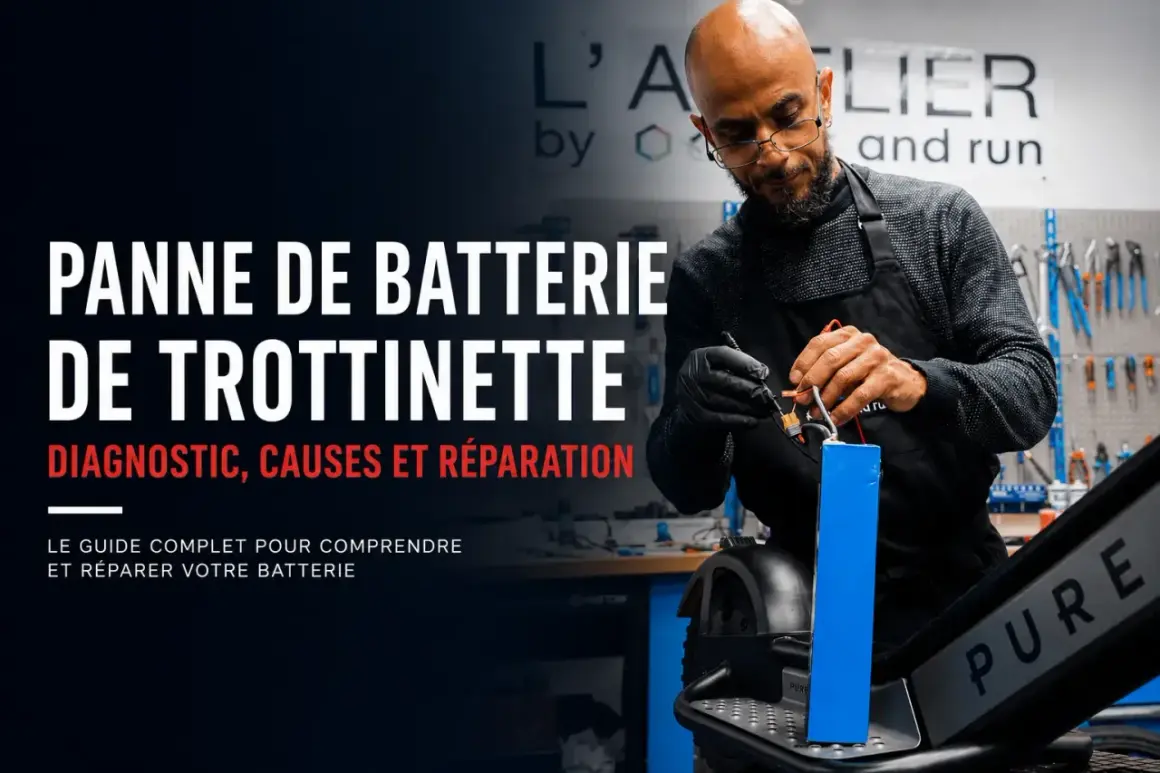 Un technicien répare une batterie de trottinette électrique, un symptôme de batterie HS peut être diagnostiqué ici.