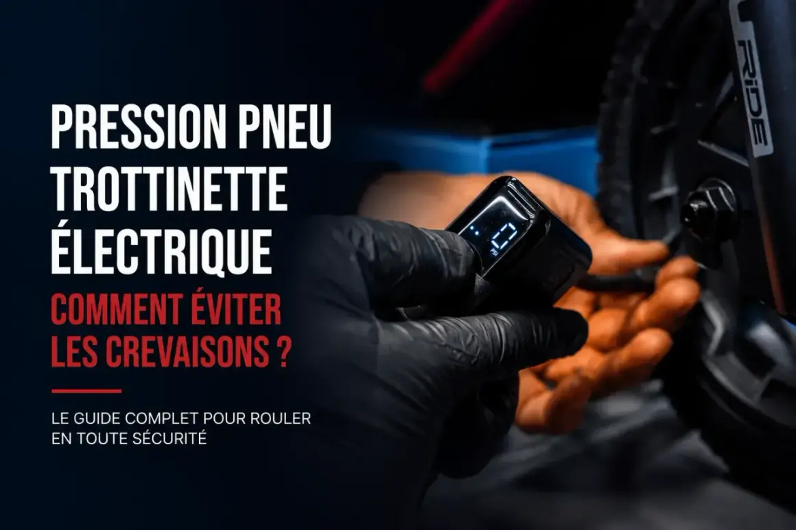 Main tenant un manomètre, vérifiant la pression du pneu d'une trottinette électrique. Guide pour éviter les crevaisons.