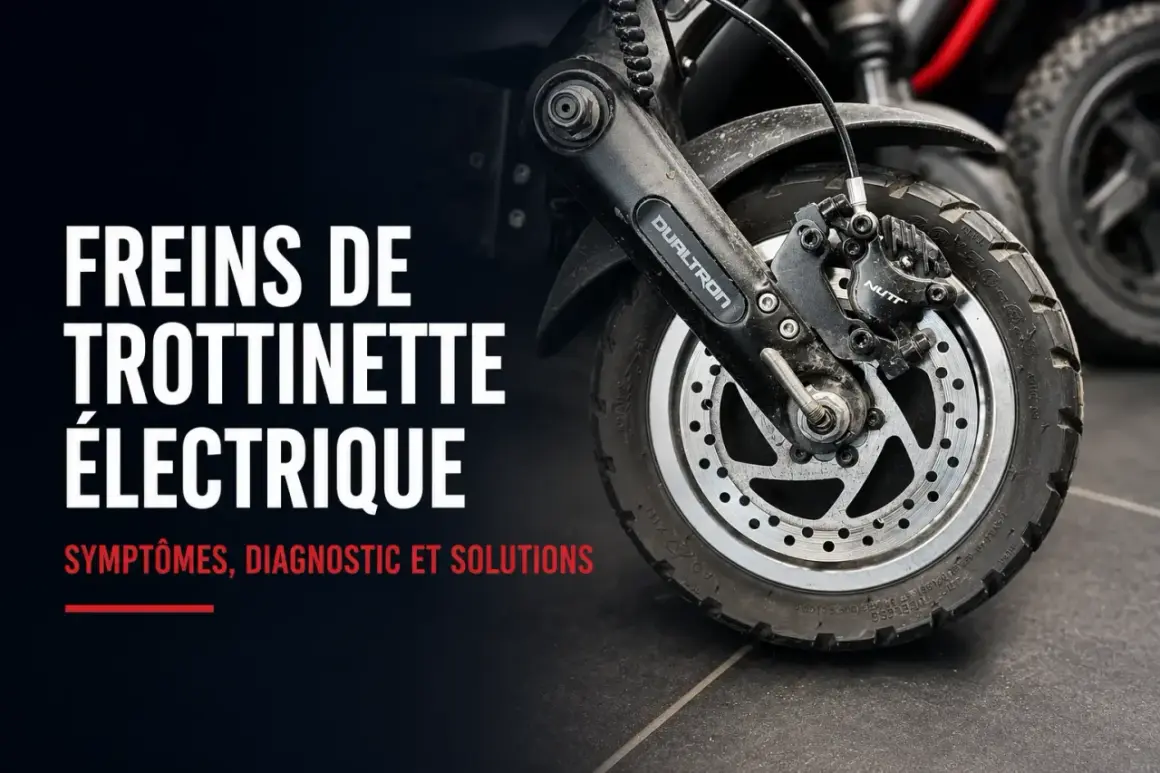 Gros plan sur le frein à disque d'une trottinette électrique. Le texte indique "Freins de trottinette électrique : symptômes, diagnostic et solutions", abordant le capteur de frein.