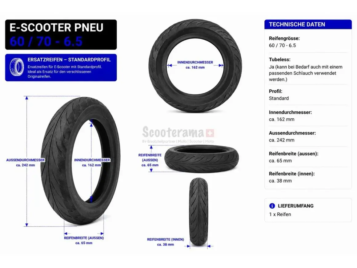 Pneu pour e-scooter, taille 60/70-6.5. Ce pneu tubeless standard de 242 mm de diamètre extérieur est un remplacement idéal.