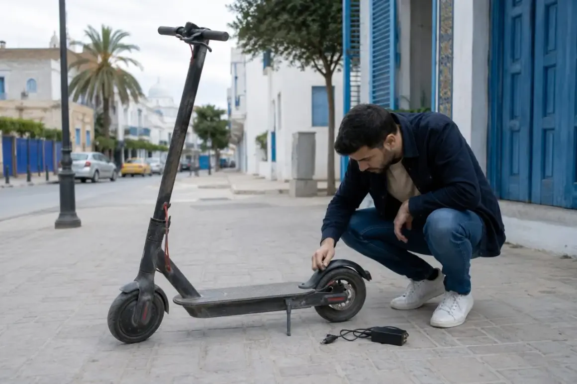 Un homme vérifie son trottinette électrique Xiaomi M365, prêt pour une nouvelle aventure urbaine.