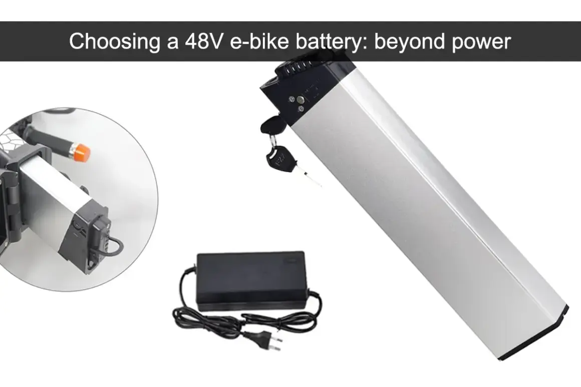 Batterie trottinette électrique 48v argentée, avec chargeur et clé. Un zoom montre son installation.