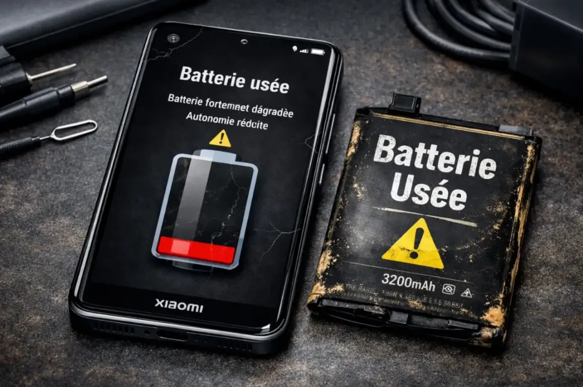 Un smartphone Xiaomi affiche un message "Batterie usée" avec une icône de batterie faible. À côté, une batterie usagée et abîmée confirme le mauvais état de la batterie.